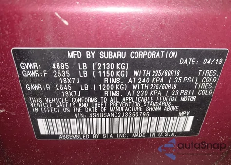 2018 Subaru Outback 2.5I Limited from USA, damaged, VIN 4S4BSANC2J3360796